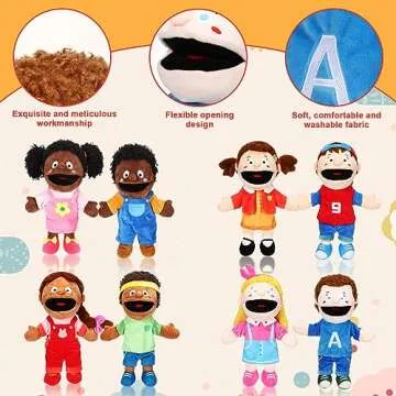 Lenwen 8 Piece Kids Hand Puppet Christmas Gifts Set, 12 Inch Multicultural Plush Hand Puppets with Movable Mouth, Suitable for Classroom Interaction
