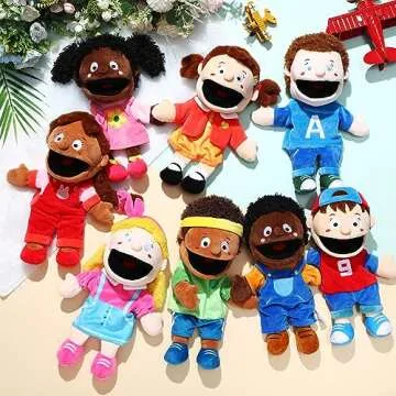 Lenwen 8 Piece Kids Hand Puppet Christmas Gifts Set, 12 Inch Multicultural Plush Hand Puppets with Movable Mouth, Suitable for Classroom Interaction