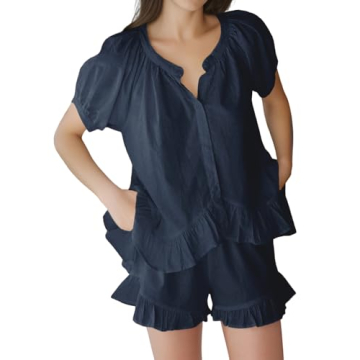 Sotimoon Women's Summer Pajama Sets - Cozy Cotton Ruffle Loungewear