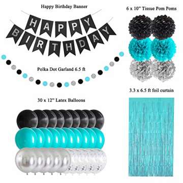 ANSOMO Black Teal Blue and Silver Happy Birthday Party Decorations Turquoise Aqua Balloons Décor Su...