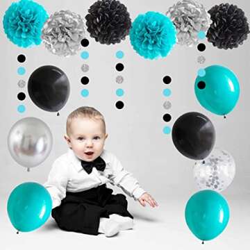 ANSOMO Black Teal Blue and Silver Happy Birthday Party Decorations Turquoise Aqua Balloons Décor Supplies Men Women Boys Girls 1st 2nd 3rd 16th 20th 25th 30th 35th 40th 45th 50th 60th 70th