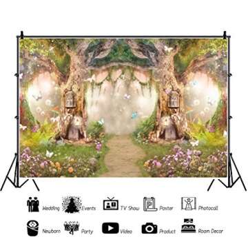 DASHAN Polyester 12x8Ft Spring Backdrop Magic Garden Fairy Tale World Grass Butterfly Wonderland Background for Kids Girl Baby Shower Birthday Party Decoration Studio Photography Banner Booth Props