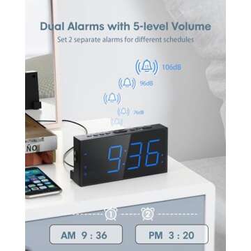 Loud Alarm Clock with Bed Shaker, Vibrating Alarm Clock for Heavy Sleepers Hearing Impaired Deaf Teens, Dual Alarm Clock with 7.5’’ Large LED Display, USB Charger, Dimmer, Snooze & Battery Backup