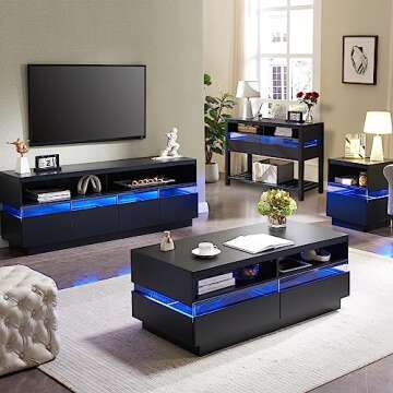 T4TREAM 48" LED Coffee Table with Storage, Modern Center Table with LED Lights & Power Strip, Coffee Table with Drawers for Living Room, Easy Assembly, Solid Black