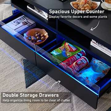 T4TREAM 48" LED Coffee Table with Storage, Modern Center Table with LED Lights & Power Strip, Coffee Table with Drawers for Living Room, Easy Assembly, Solid Black