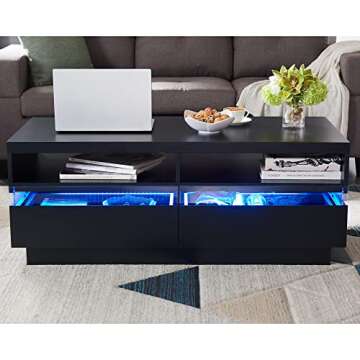 T4TREAM 48" LED Coffee Table with Storage, Modern Center Table with LED Lights & Power Strip, Coffee Table with Drawers for Living Room, Easy Assembly, Solid Black