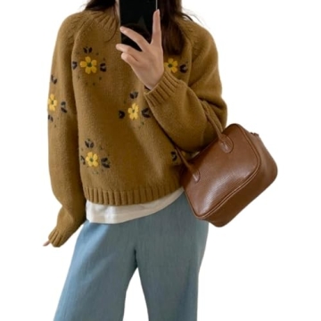 Hesaco Womens Floral Embroidered Chunky Sweater Y2k Long Sleeve Crewneck Cute Knit Sweater Pullover ...