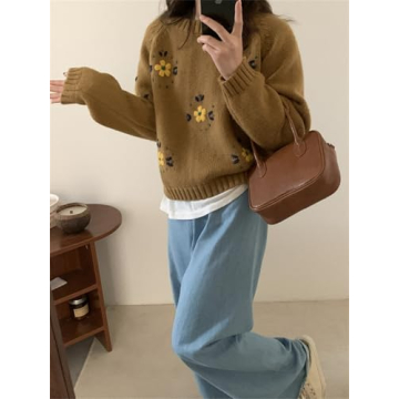 Hesaco Womens Floral Embroidered Chunky Sweater Y2k Long Sleeve Crewneck Cute Knit Sweater Pullover Preppy Clothes (Coffee,Medium)