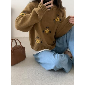 Hesaco Womens Floral Embroidered Chunky Sweater Y2k Long Sleeve Crewneck Cute Knit Sweater Pullover Preppy Clothes (Coffee,Medium)