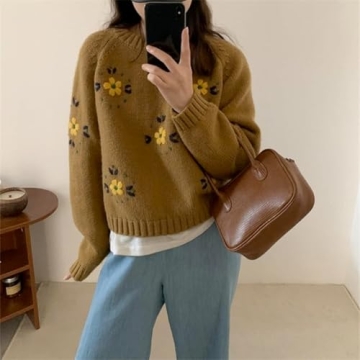 Hesaco Womens Floral Embroidered Chunky Sweater Y2k Long Sleeve Crewneck Cute Knit Sweater Pullover Preppy Clothes (Coffee,Medium)