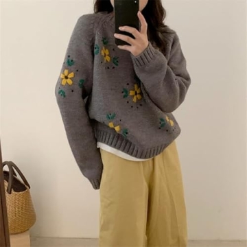 Hesaco Womens Floral Embroidered Chunky Sweater Y2k Long Sleeve Crewneck Cute Knit Sweater Pullover Preppy Clothes (Coffee,Medium)