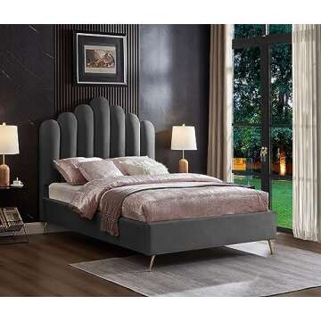 Meridian Furniture Lily Collection Modern | Contemporary Velvet Upholstered Bed with Deep Channel Tu...