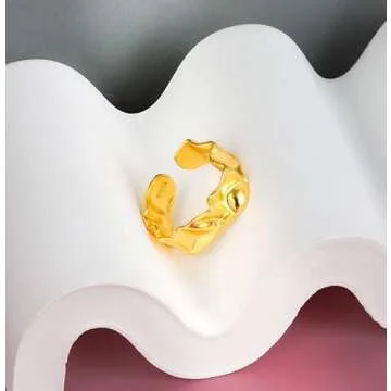 COLORFUL BLING Dainty Polished Chunky Statement Rings Thick Irregular Round Circle Grooved Stackable Band Rings for Women Minimalist Jewelry-style5