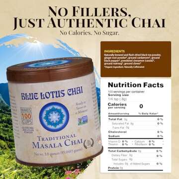 Blue Lotus Chai Tea - Traditional Masala Chai - Makes 100 Cups - 3 Ounce Masala Spiced Chai Powder with Organic Spices - Instant Indian Tea No Steeping - No Gluten
