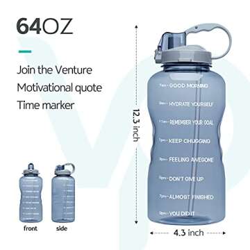 Venture Pal Large Half Gallon/64oz Motivational BPA Free Leakproof Water Bottle with Straw & Time Marker Perfect for Fitness Gym Camping Outdoor Sports