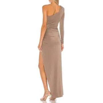 Aigeman Womens One Shoulder Maxi Dress Long Sleeve Cocktail Party Dress Bodycon Ruched Split Thigh Formal Dress 218(X-Small,Coffee)