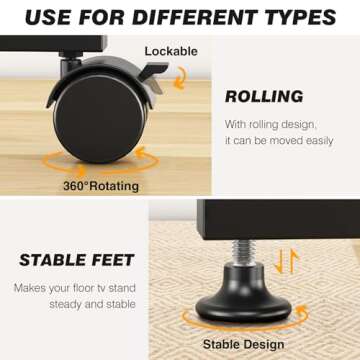 5Rcom Rolling TV Stand, Mobile TV Cart for 13-50 Inch Flat Curved TV with Tilting and Rotating, Portrait to Landscape, Height Adjustable Portable TV Stand with Wheels for Home/Office/Outdoor/Mall