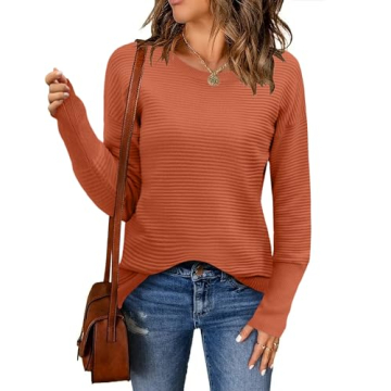 Zeagoo Women's 2025 Fall Casual Long Sleeve Ribbed Knit Pullover Sweater in Caramel