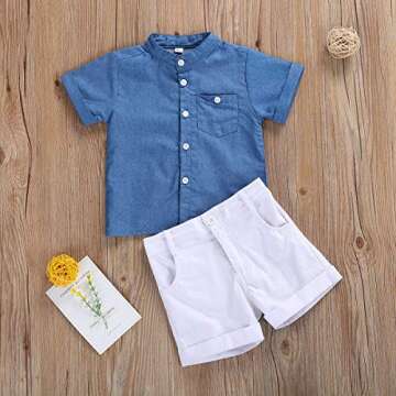 Hnyenmcko Kids Toddler Boys Gentleman Clothes Set Solid Blue Stand Collar Short Sleeve Shirt + Shorts Pants Outfits, 1-6T (Blue White, 3-4 Years)