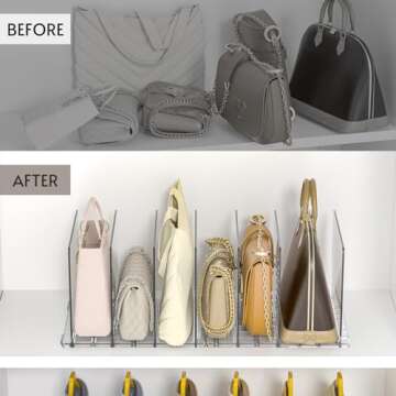 GoMaihe Bag & Purse Organizer for Closet: 2-Pack Adjustable Clear Handbag Storage Shelf - Plastic Clutch Dividers | Minimal | Keep Purses upright