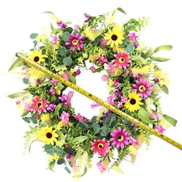 JINGHONG Artificial Summer Wreath 24 Inch Spring Wreaths for Front Door Daisy Flower Wreath with Col...