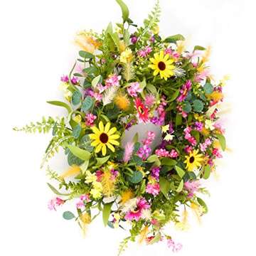 JINGHONG Artificial Summer Wreath 24 Inch Spring Wreaths for Front Door Daisy Flower Wreath with Colorful Flowers for Front Door Wall Spring/Summer Holidays Party