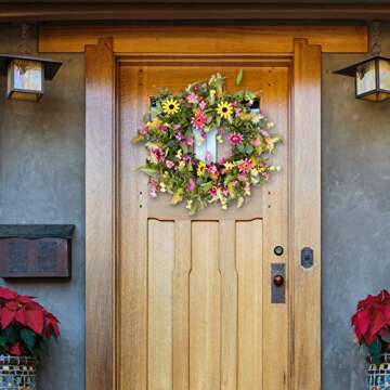 JINGHONG Artificial Summer Wreath 24 Inch Spring Wreaths for Front Door Daisy Flower Wreath with Colorful Flowers for Front Door Wall Spring/Summer Holidays Party