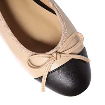 SHODENSE Women Cap Toe Bow Flats Two Tone Slip On Ballet Flats Comfort Closed Round Toe Flats Colorblock 1 Inch Low Flat Heel Dress Shoes Cute Ladies Casual Driver Flats Matte Beige 7.5 M US