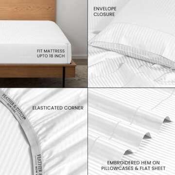 Feather & Stitch 500 TC Queen Size Damask Bed Sheet Set, 100% Soft Cotton Breathable Bedsheets, 18" Deep Pockets Sateen Weave Striped Bedding Mattress Resort Hotel Luxury Décor - (Stripe White, Queen)