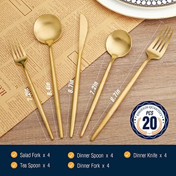 Elegant 20 Pcs Gold Silverware Set, Durable Stainless Steel