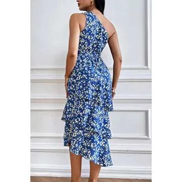 PRETTYGARDEN Women's Floral Sundress One Shoulder Ruffle Midi Dress