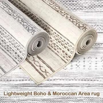Area Rug Living Room Rugs - 8x10 Washable Large Soft Neutral Boho Moroccan Bohemian Farmhouse Rug Indoor Floor Carpet for Bedroom Under Dining Table Home Office Decor - Light Grey
