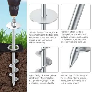 Eurmax USA Ground Anchors Screw in Trampoline Anchors High Wind Tent Stakes Heavy Duty Ground Stakes Trampoline Stakes Anchor Kit Set of 4 Bonus 4 Strong Belt (Silver)