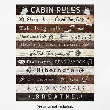 Simple Cabin Rules Humor Quotes Print, 1 (8x10) Unframed Photos, Wall Art Decor Gift for Home Office Kitchen Mountain Lodge Log House School Student Teacher Coach Camper Backpacking Outdoors Fans
