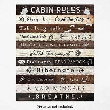 Simple Cabin Rules Humor Quotes Print, 1 (8x10) Unframed Photos, Wall Art Decor Gift for Home Office Kitchen Mountain Lodge Log House School Student Teacher Coach Camper Backpacking Outdoors Fans