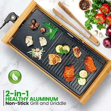 NutriChef Smokeless Indoor Electric Grill – Bamboo Tray, Non-Stick Plate, Adjustable Thermostat, Dishwasher Safe, 1800W Power