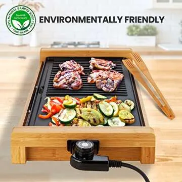 NutriChef Smokeless Indoor Electric Grill – Bamboo Tray, Non-Stick Plate, Adjustable Thermostat, Dishwasher Safe, 1800W Power
