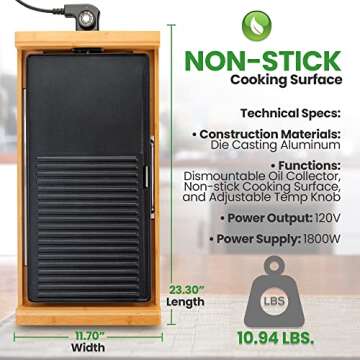 NutriChef Smokeless Indoor Electric Grill – Bamboo Tray, Non-Stick Plate, Adjustable Thermostat, Dishwasher Safe, 1800W Power