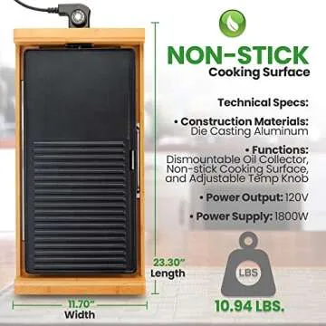 NutriChef Smokeless Indoor Electric Grill – Bamboo Tray, Non-Stick Plate, Adjustable Thermostat, Dishwasher Safe, 1800W Power