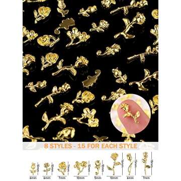 TOROKOM 120 PCS 3D Gold Rose Nail Art Charms Romantic Flowers Nails Decorations Alloy Nail Charms fo...