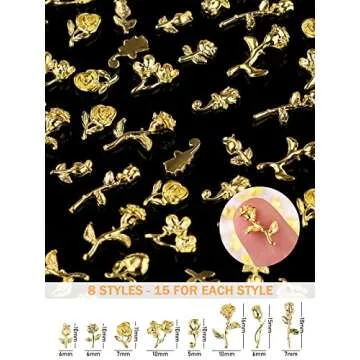 TOROKOM 120 PCS 3D Gold Rose Nail Art Charms Romantic Flowers Nails Decorations Alloy Nail Charms fo...