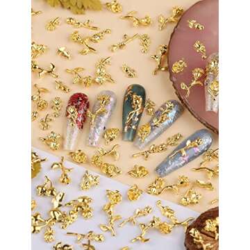 TOROKOM 120 PCS 3D Gold Rose Nail Art Charms Romantic Flowers Nails Decorations Alloy Nail Charms for Girls Women DIY Nail Design Craft Jewelry Making