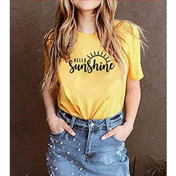 Hello Sunshine T Shirt Women Letters Print Shirt Cute Graphic Shirts Summer Casual Short Sleeve Tees Shirts Tops (XL, Yellow1)