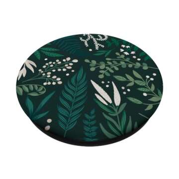 Green Botanical Fern Foliage & White Berry Floral Pattern PopSockets Adhesive PopGrip
