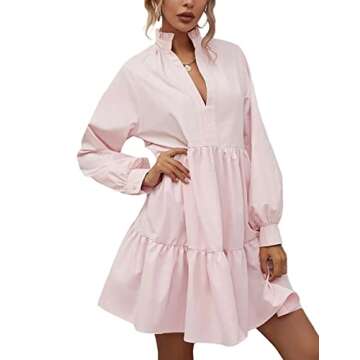 Rooscier Women's V Neck Lantern Long Sleeve Ruffle Babydoll Swing Mini Dress