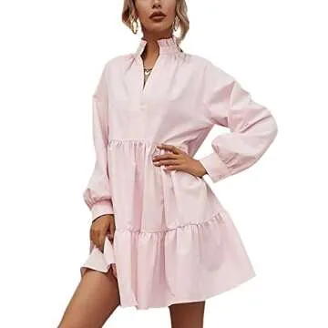 Rooscier Women's V Neck Lantern Long Sleeve Ruffle Babydoll Swing Mini Dress