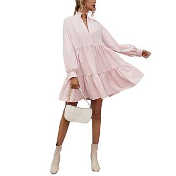 Rooscier Women's V Neck Lantern Long Sleeve Ruffle Babydoll Swing Mini Dress