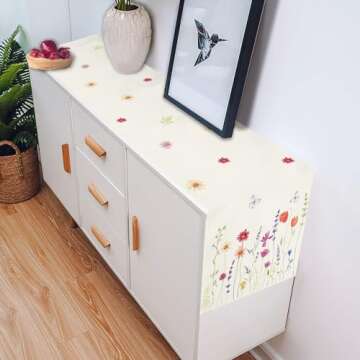 WHOMEAF Spring Summer Butterfly Daisy Floral Table Runner Eucalyptus Wild Flowers Burlap Table Runne...