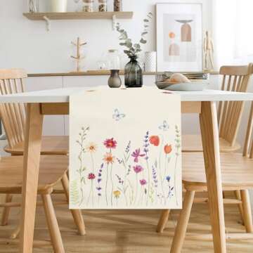 WHOMEAF Spring Summer Butterfly Daisy Floral Table Runner Eucalyptus Wild Flowers Burlap Table Runners Farmhouse Seasonal Table Center Decor for Home Kitchen Dining in/Outdoor 13x72 Inch