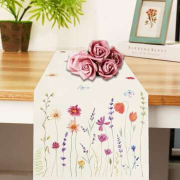 WHOMEAF Spring Summer Butterfly Daisy Floral Table Runner Eucalyptus Wild Flowers Burlap Table Runners Farmhouse Seasonal Table Center Decor for Home Kitchen Dining in/Outdoor 13x72 Inch